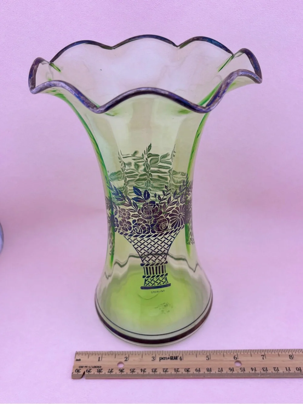 Vintage Art Deco Uranium Glass Vase With Sterling Silver Overlay